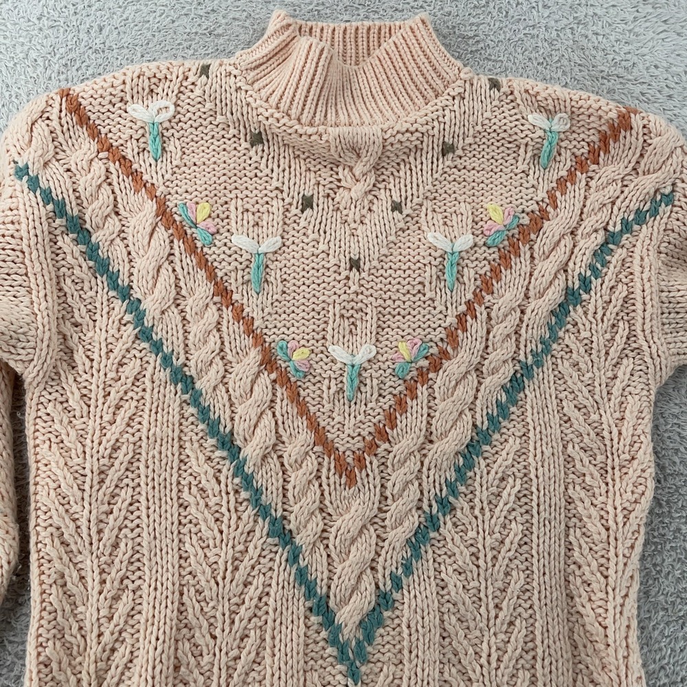 Vintage One Step Up Sweater Women's Medium Hand Knit Embroidered Mock Neck 90s